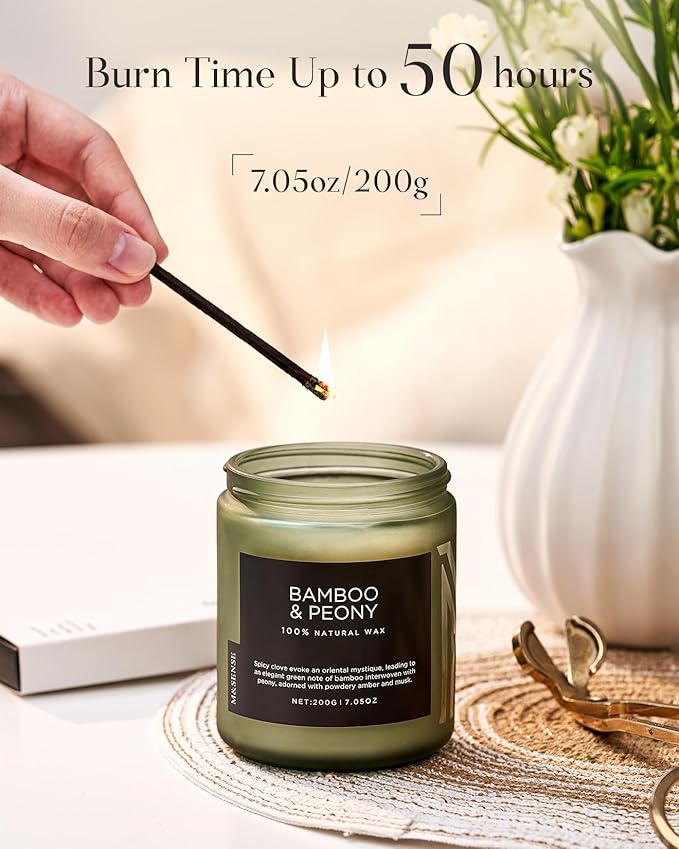 M&amp;SENSE Bamboo Peony Spring Jar Candles for Home Scented Natural Organic Soy Candle Gifts for Women, 7.05oz 50 Hour Hours Burn Fresh Smelling Aromatherapy Gifts for Stress Relief