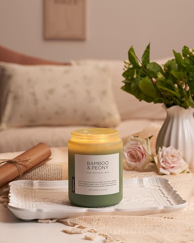 M&amp;SENSE Bamboo Peony Spring Large Candles for Home Scented 19.4oz 110 Hour Long Lasting Burn Natural Organic Soy Candle Gifts for Women, Fresh Smelling Aromatherapy Gifts for Stress Relief