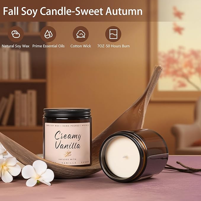 Auelife Fall Candle, Creamy Vanilla Scented Candle for Home - Fall Soy Wax Candles - Autumn Aromatheraphy Candles Gifts Set for Women &amp; Men, Holiday, Thanksgiving Decor, 7oz