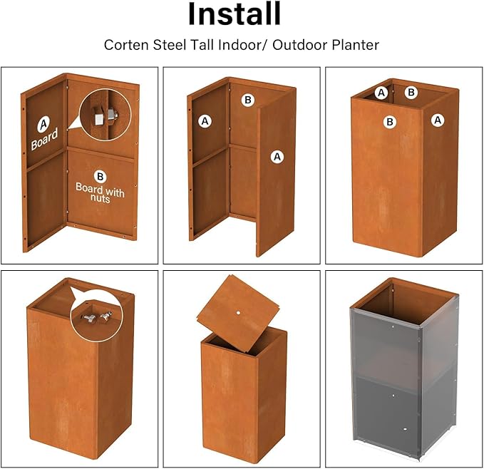 Cor Ten Steel Planter 26 Inch Tall Planter with Drainage Holes, Rust-Resistant/Heavy-Duty Metal Planter Box for Garden, Patio, Porch &amp; Yard (14x14x26in)
