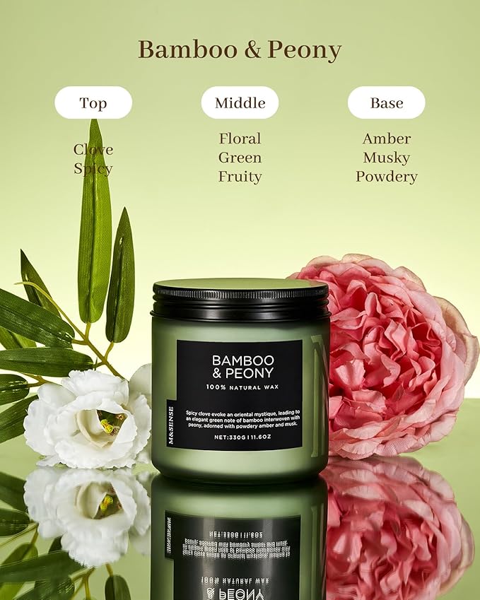 M&amp;SENSE Bamboo Peony Scented Candle, 11.6oz Aromatherapy Jar Candle, 70 Hour Burn Time, Natural Soy Wax Blend, Stress Relief, Home Fragrance