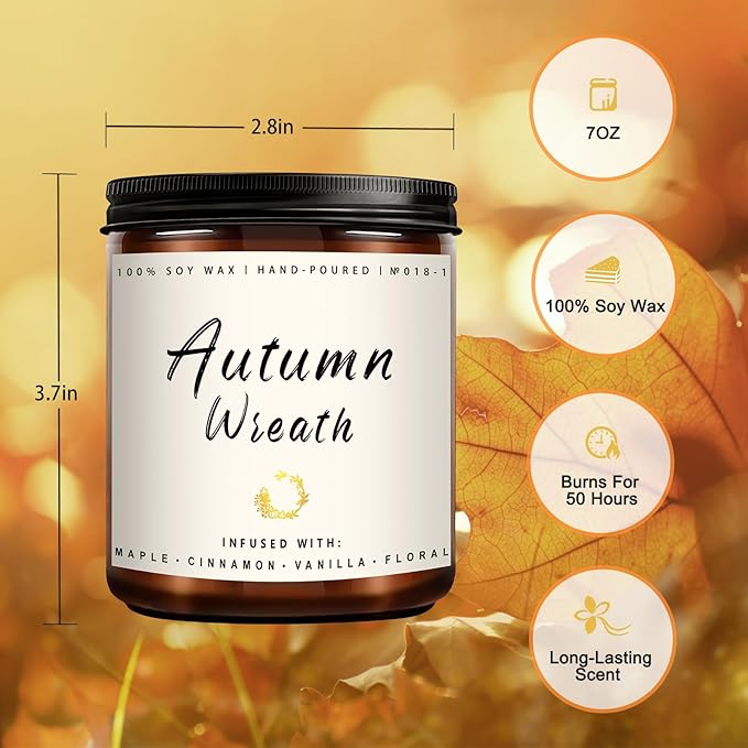 Auelife Fall Candle, Autumn Wreath Scented Soy Candles for Home, Aromatherapy Candle Gift Set for Women &amp; Men, Cozy Fall Décor, 7oz – Perfect for Autumn Relaxation and Home Ambiance