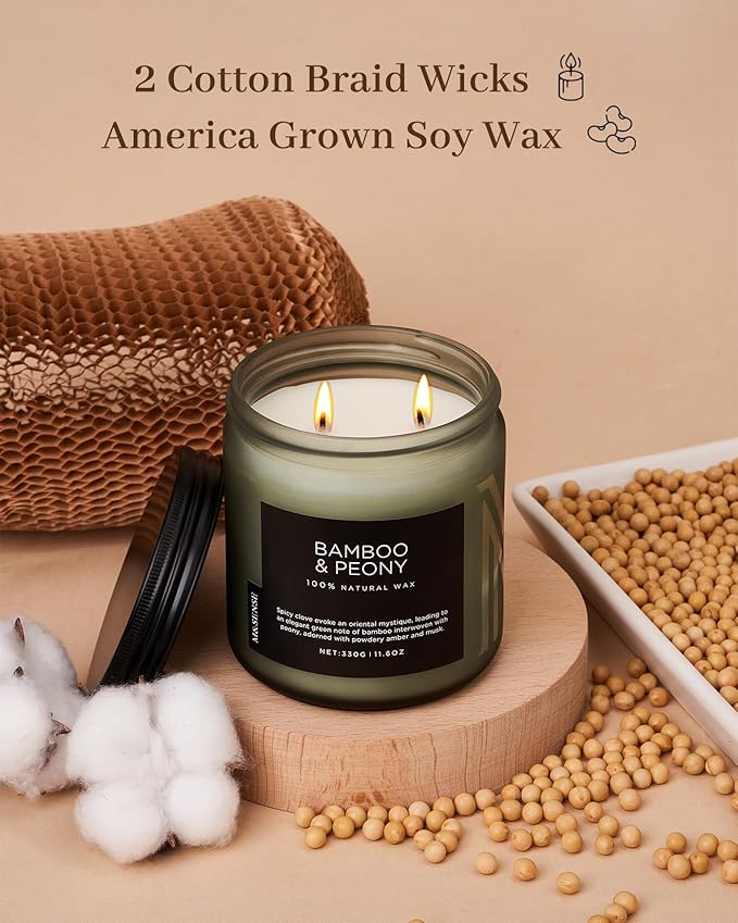 M&amp;SENSE Bamboo Peony Scented Candle, 11.6oz Aromatherapy Jar Candle, 70 Hour Burn Time, Natural Soy Wax Blend, Stress Relief, Home Fragrance