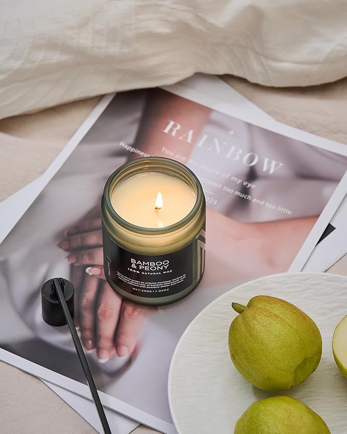 M&amp;SENSE Bamboo Peony Spring Jar Candles for Home Scented Natural Organic Soy Candle Gifts for Women, 7.05oz 50 Hour Hours Burn Fresh Smelling Aromatherapy Gifts for Stress Relief