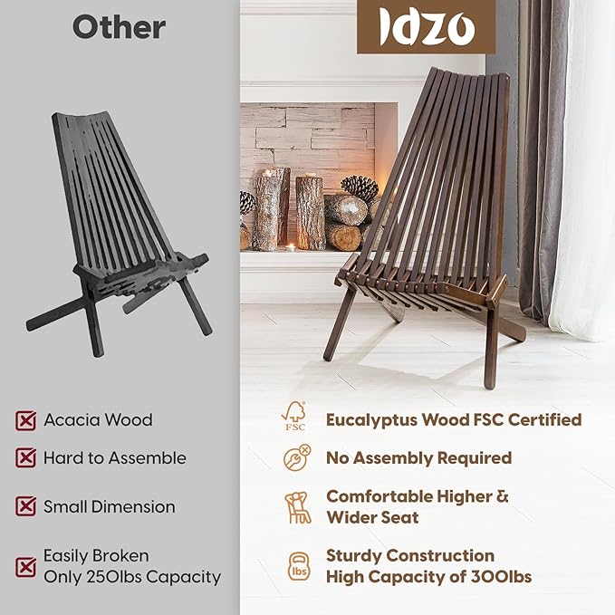 IDZO Elina FSC Eucalyptus Tamarack Chair, 300Lbs Capacity Modern Adirondack Style, Wooden Folding Seat, for Fire Pit Outdoor &amp; Indoor - Cinnamon, Single