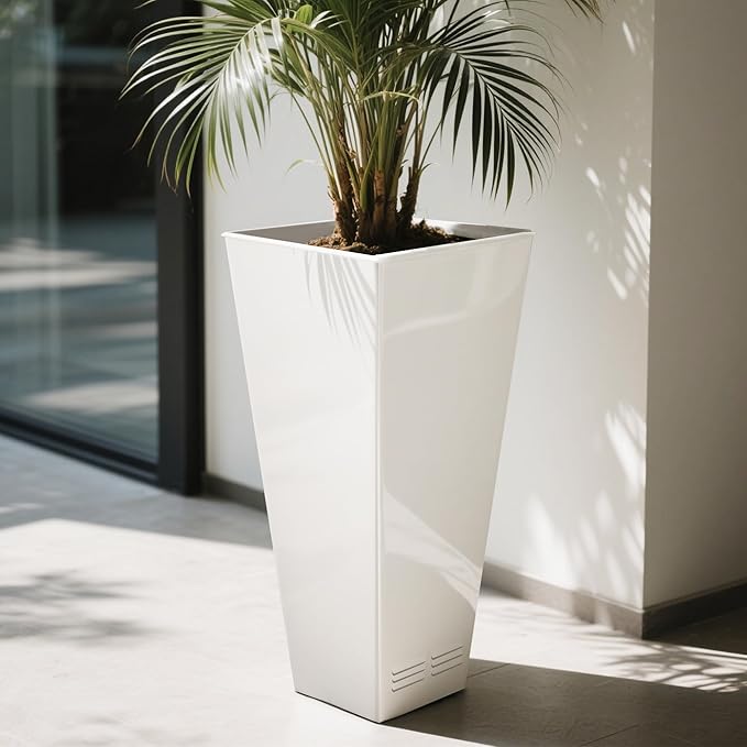 Worth Garden 28" H. Large Metal Glazed Planter Set of 2, Modern Glossy Finish White Tall Square Tapered Steel Flower Plant Pots for Indoor &amp; Outdoor Use - Insert Plate with Drain Holes, Air Vents