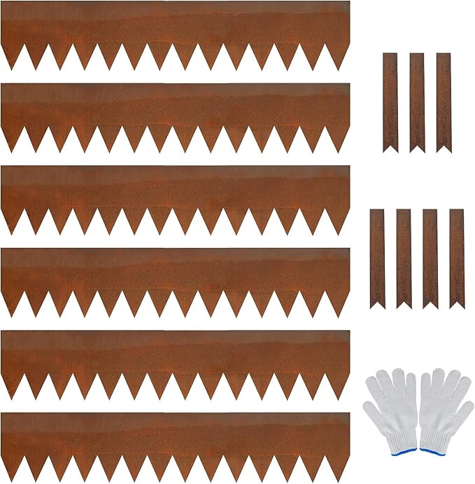 Worth Garden 6 Pack Cor-Ten Steel Landscape Edging w/Rust Patina Finish - 40" L x 8" H Strips - Hammer-in 14-Gauge Metal Corten Edging Border w/ 7 Clips &amp; Gloves - Edge for Lawn Yard (20Ft Total)