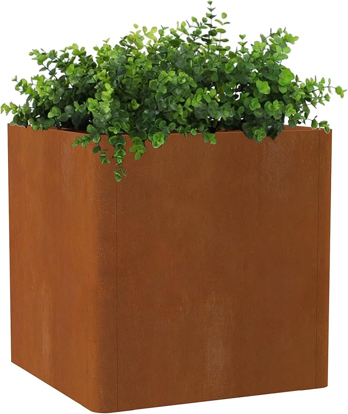 Corten Steel Planter Box 24"x24"x25", Large Square Metal Planter Indoor&amp;Outdoor, Large Cube Planters with Drainage Hole for Porch/Patio/Garden