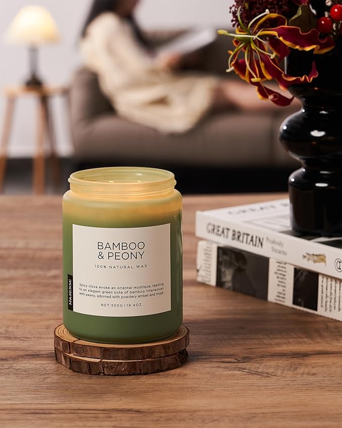 M&amp;SENSE Bamboo Peony Spring Large Candles for Home Scented 19.4oz 110 Hour Long Lasting Burn Natural Organic Soy Candle Gifts for Women, Fresh Smelling Aromatherapy Gifts for Stress Relief