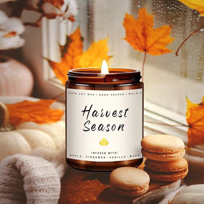 Fall Candle - Harvest Season Scented Candle, Fall Soy Candles for Home Decor, 7 oz Natural Soy Wax – Long-Lasting Autumn Candles, Aromatherapy Gift for Women &amp; Thanksgiving, 7oz