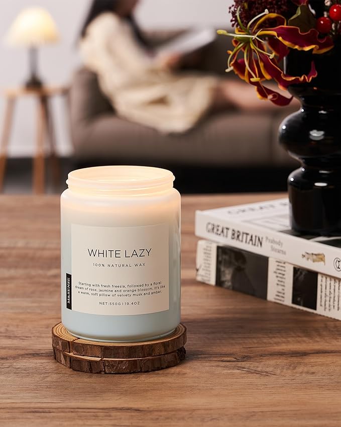 M&amp;SENSE Spring Scented Candle, Jasmine Clean Cotton Soy Wax Large 19.4oz 110 Hour Long Lasting Burning Non Toxic Organic Natural 2 Wick Relaxing Jar Candle for Women