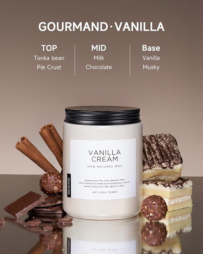 M&amp;SENSE Vanilla Soy Candles, Large 2 Wick Jar Candle 19.4oz, 110 Hours Burning Time, 100% Natural Organic Soy Wax, Relaxing Aromatherapy Scented Candle, Housewarming Gift for Women and Men