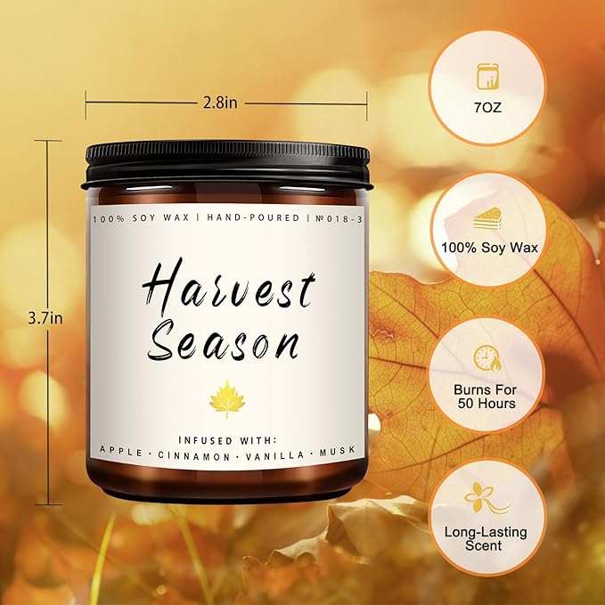 Fall Candle - Harvest Season Scented Candle, Fall Soy Candles for Home Decor, 7 oz Natural Soy Wax – Long-Lasting Autumn Candles, Aromatherapy Gift for Women &amp; Thanksgiving, 7oz