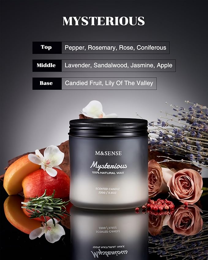 M&amp;SENSE Pepper Lavender Scented Candles for Men, 2 Wick 11.6oz 70 Hours Slow Burning Natural Soy Candle for Christmas, Organic Black Masculine Candles Home Fragrance Holiday Candle for Him