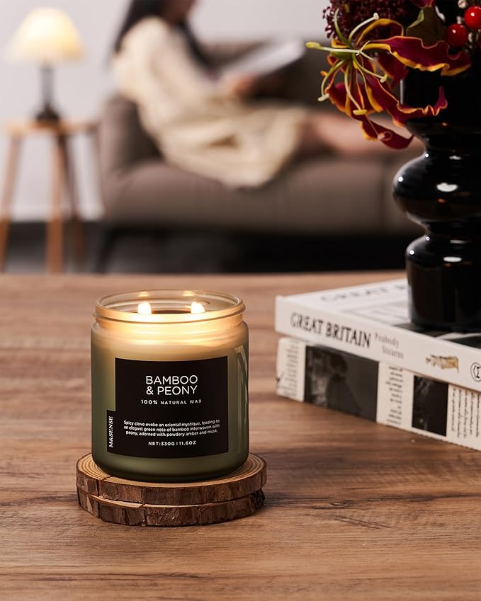 M&amp;SENSE Bamboo Peony Scented Candle, 11.6oz Aromatherapy Jar Candle, 70 Hour Burn Time, Natural Soy Wax Blend, Stress Relief, Home Fragrance