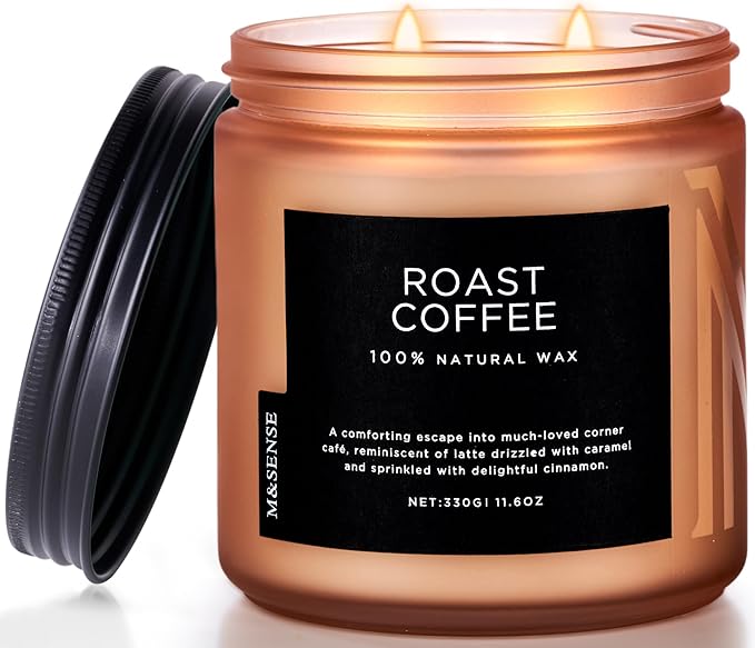 M&amp;SENSE Coffee Candles Scented Strong, 2 Wick 11.6oz 70 Hours Burning Time Organic Natural Soy Wax Candle for Bedroom Kitchen Home Decor, Housewarming Gift for Men and Women