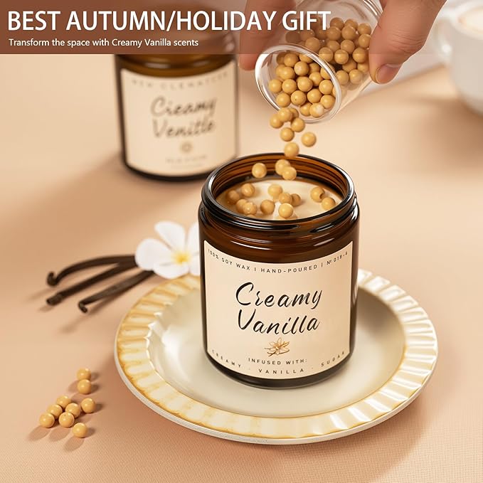 Auelife Fall Candle, Creamy Vanilla Scented Candle for Home - Fall Soy Wax Candles - Autumn Aromatheraphy Candles Gifts Set for Women &amp; Men, Holiday, Thanksgiving Decor, 7oz