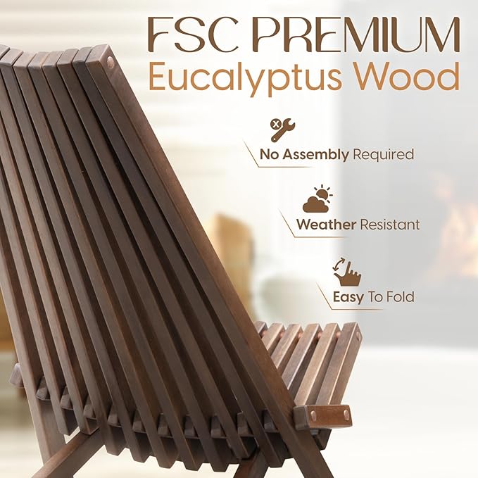 IDZO Elina FSC Eucalyptus Tamarack Chair, 300Lbs Capacity Modern Adirondack Style, Wooden Folding Seat, for Fire Pit Outdoor &amp; Indoor - Cinnamon, Single