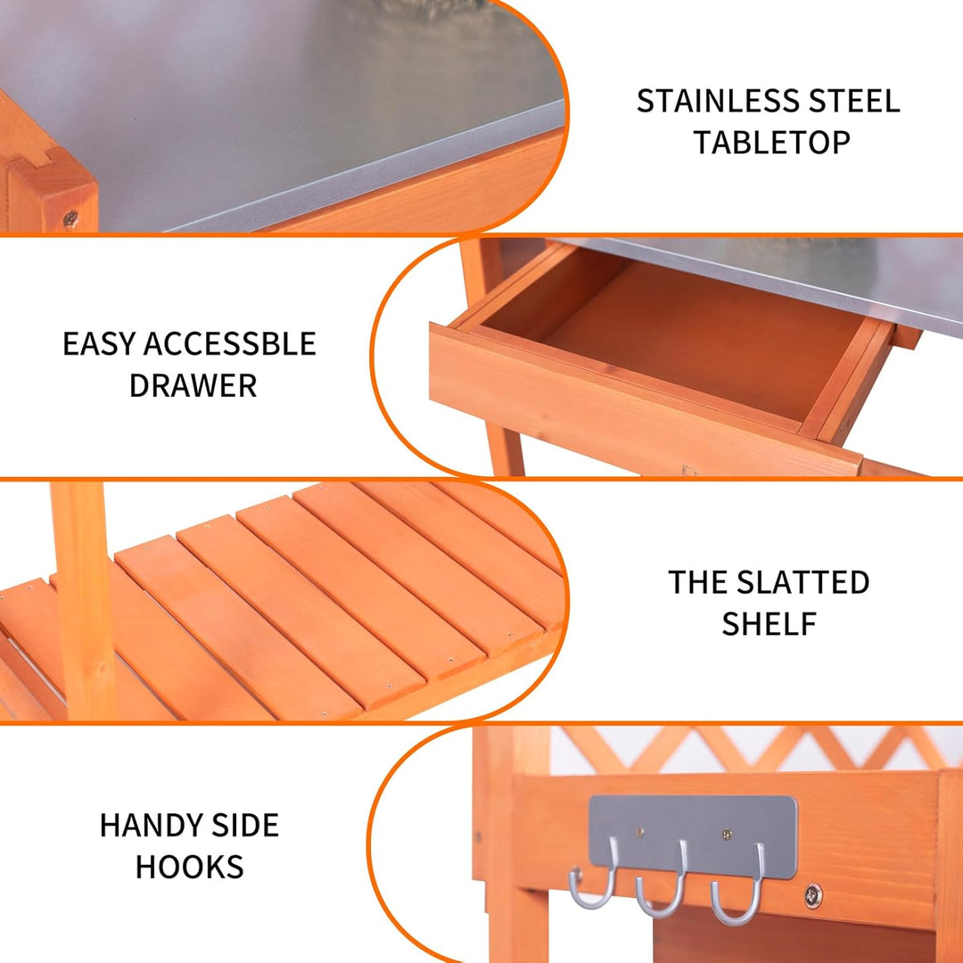 Outdoor Potting Bench &amp; Wooden Gardening Work Station Planting Table with Metal Tabletop, Drawer, Storage, and Hooks