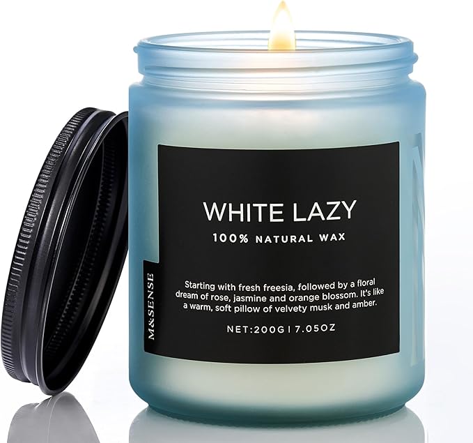 M&amp;SENSE White Lazy - Clean Cotton &amp; Jasmine Scented Natural Soy Wax Jar Candles for Home Decor 7.05oz 50 Hour Long Lasting Burning, Non Toxic Organic Natural Relaxing Candle for Women