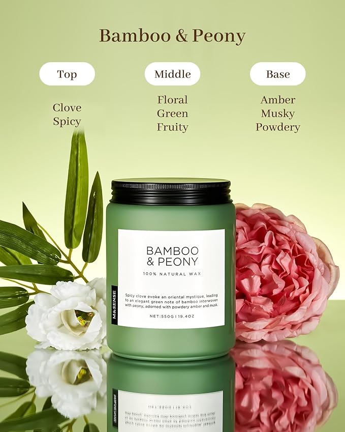 M&amp;SENSE Bamboo Peony Spring Large Candles for Home Scented 19.4oz 110 Hour Long Lasting Burn Natural Organic Soy Candle Gifts for Women, Fresh Smelling Aromatherapy Gifts for Stress Relief