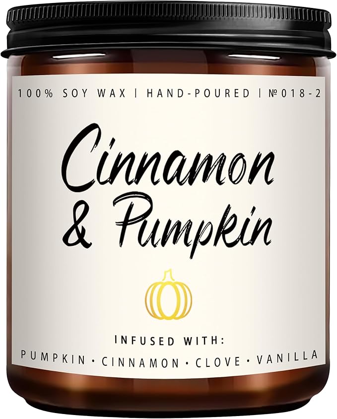 Cinnamon &amp; Pumpkin Scented Candle – Fall Candles for Home Scented, Soy Candles for Home, 7 oz Cozy Pumpkin Candle for Women &amp; Men, Autumn Décor &amp; Holiday Gifts