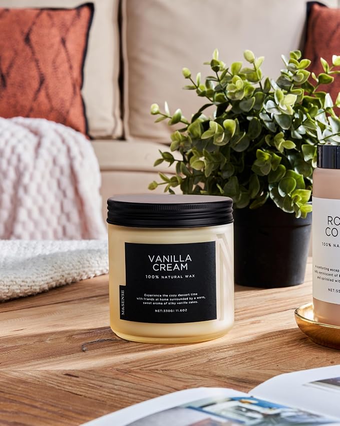 M&amp;SENSE Vanilla Soy Candles, Medium 2 Wick 11.6oz 70 Hours Burning Time, All Natural Organic Soy Wax, Relaxing Aromatherapy Scented Candle, Housewarming Gift for Women and Men
