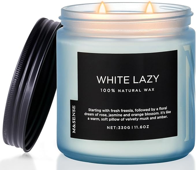 M&amp;SENSE Jasmine &amp; Clean Cotton Spring Scented Candle, 11.6oz Aromatherapy Gifts 2 Wick 70 Hours Long Lasting Burn, Natural Organic Soy Candle, Housewarming Gifts for Dad Mom Friends