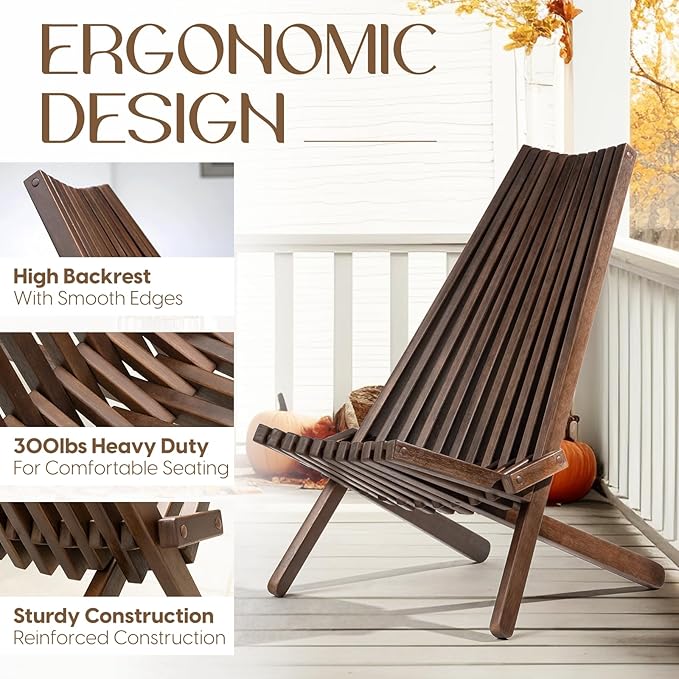 IDZO Elina FSC Eucalyptus Tamarack Chair, 300Lbs Capacity Modern Adirondack Style, Wooden Folding Seat, for Fire Pit Outdoor &amp; Indoor - Cinnamon, Single