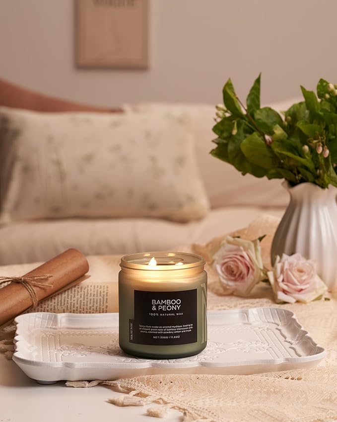 M&amp;SENSE Bamboo Peony Scented Candle, 11.6oz Aromatherapy Jar Candle, 70 Hour Burn Time, Natural Soy Wax Blend, Stress Relief, Home Fragrance