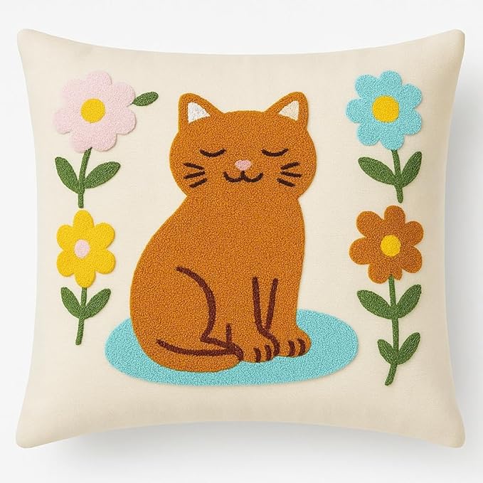 katre home madame &amp; textile Cat Throw Pillow Cover – 100% Cotton Embroidered Decorative Cushion Case 18x18 – Handmade Punch Needle Pillow for Sofa, Bed, Couch or Gift for Cat Lovers