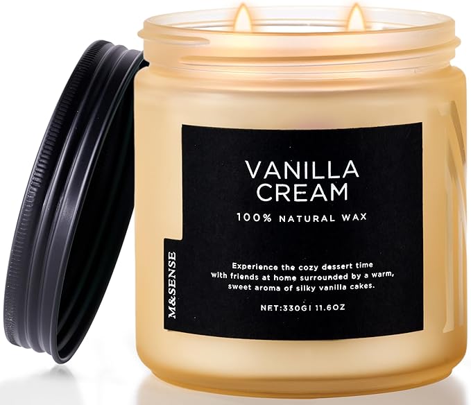 M&amp;SENSE Vanilla Soy Candles, Medium 2 Wick 11.6oz 70 Hours Burning Time, All Natural Organic Soy Wax, Relaxing Aromatherapy Scented Candle, Housewarming Gift for Women and Men