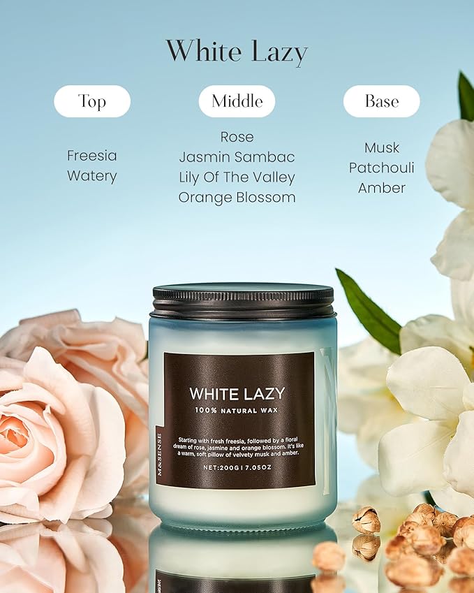M&amp;SENSE White Lazy - Clean Cotton &amp; Jasmine Scented Natural Soy Wax Jar Candles for Home Decor 7.05oz 50 Hour Long Lasting Burning, Non Toxic Organic Natural Relaxing Candle for Women