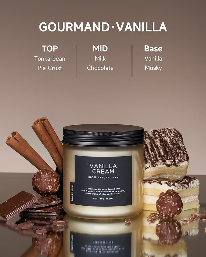 M&amp;SENSE Vanilla Soy Candles, Medium 2 Wick 11.6oz 70 Hours Burning Time, All Natural Organic Soy Wax, Relaxing Aromatherapy Scented Candle, Housewarming Gift for Women and Men