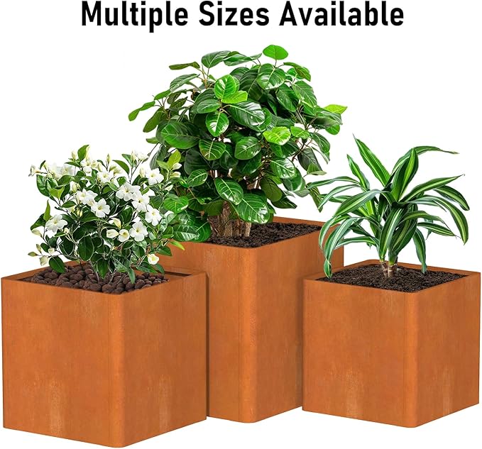 Corten Steel Planter Box 24"x24"x25", Large Square Metal Planter Indoor&amp;Outdoor, Large Cube Planters with Drainage Hole for Porch/Patio/Garden