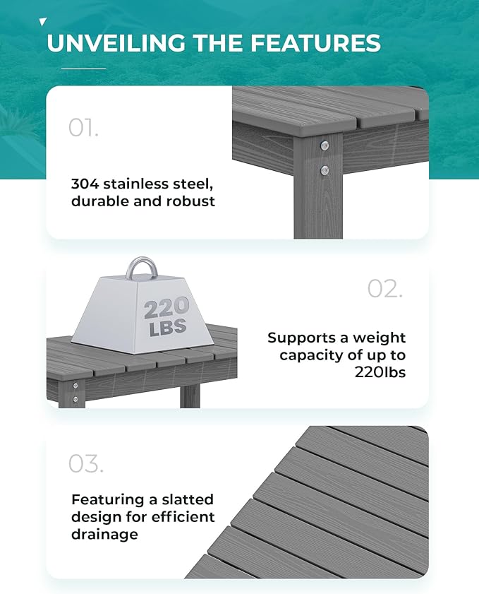 SERWALL Patio Coffee Table, HDPE Rectangle Outdoor Coffee Table Set of 2, Grey