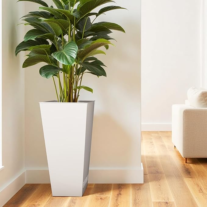 Worth Garden 28" H. Large Metal Glazed Planter Set of 2, Modern Glossy Finish White Tall Square Tapered Steel Flower Plant Pots for Indoor &amp; Outdoor Use - Insert Plate with Drain Holes, Air Vents