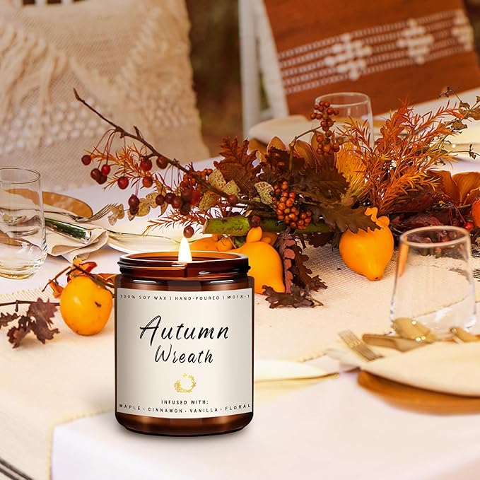 Auelife Fall Candle, Autumn Wreath Scented Soy Candles for Home, Aromatherapy Candle Gift Set for Women &amp; Men, Cozy Fall Décor, 7oz – Perfect for Autumn Relaxation and Home Ambiance