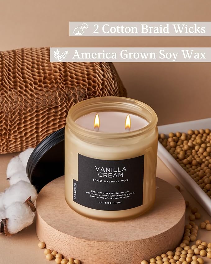 M&amp;SENSE Vanilla Soy Candles, Medium 2 Wick 11.6oz 70 Hours Burning Time, All Natural Organic Soy Wax, Relaxing Aromatherapy Scented Candle, Housewarming Gift for Women and Men
