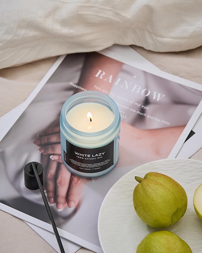 M&amp;SENSE White Lazy - Clean Cotton &amp; Jasmine Scented Natural Soy Wax Jar Candles for Home Decor 7.05oz 50 Hour Long Lasting Burning, Non Toxic Organic Natural Relaxing Candle for Women