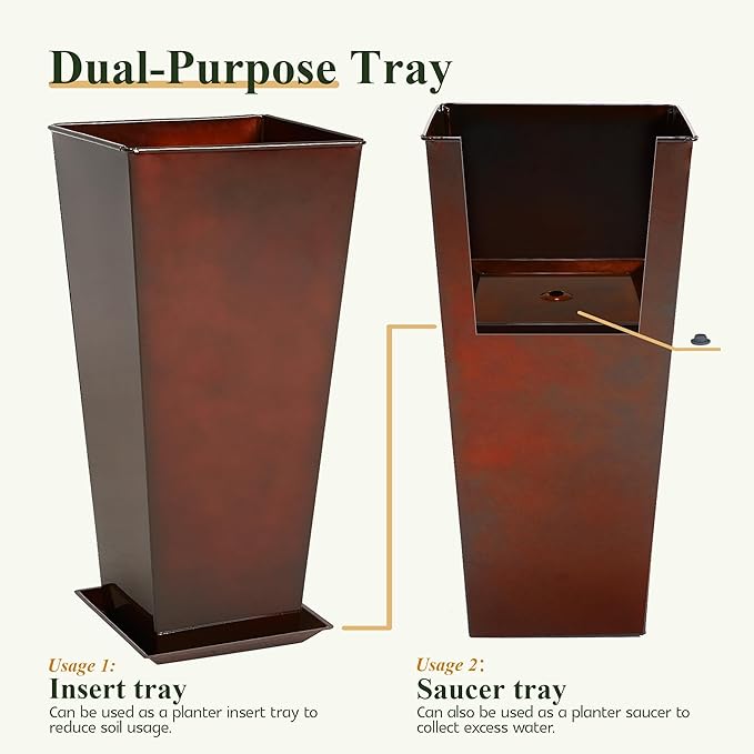 WORTH Garden 28" Large Metal Glazed Planter Set of 2, Luxurious Glossy Finish Red Tall Square Tapered Steel Plant Pots, Decor Flower Pot Indoor &amp; Outdoor, Drainage Hole &amp; Dual-Purpose Plant Saucer