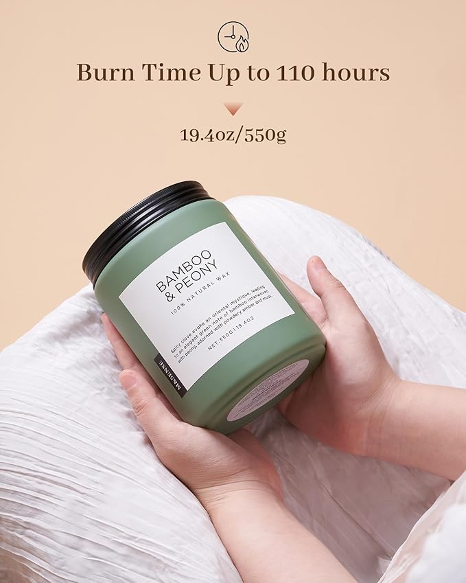 M&amp;SENSE Bamboo Peony Spring Large Candles for Home Scented 19.4oz 110 Hour Long Lasting Burn Natural Organic Soy Candle Gifts for Women, Fresh Smelling Aromatherapy Gifts for Stress Relief
