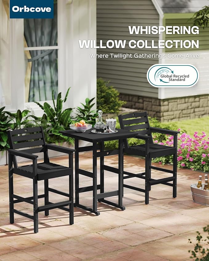 Tall Adirondack Chairs Set of 4, HDPE Wood Balcony Adirondack Chairs Set with Heart Cutout Design, Weather-Resistant Bar Height Furniture for Deck, Porch, Pool (Black)