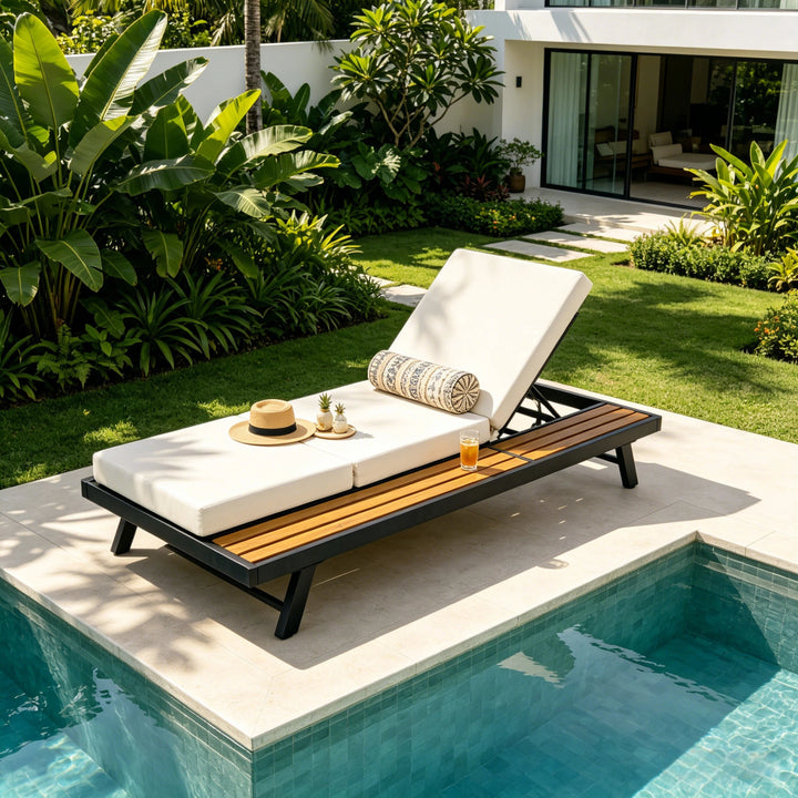 Black Iron + Teak Finish Chaise Lounge Set