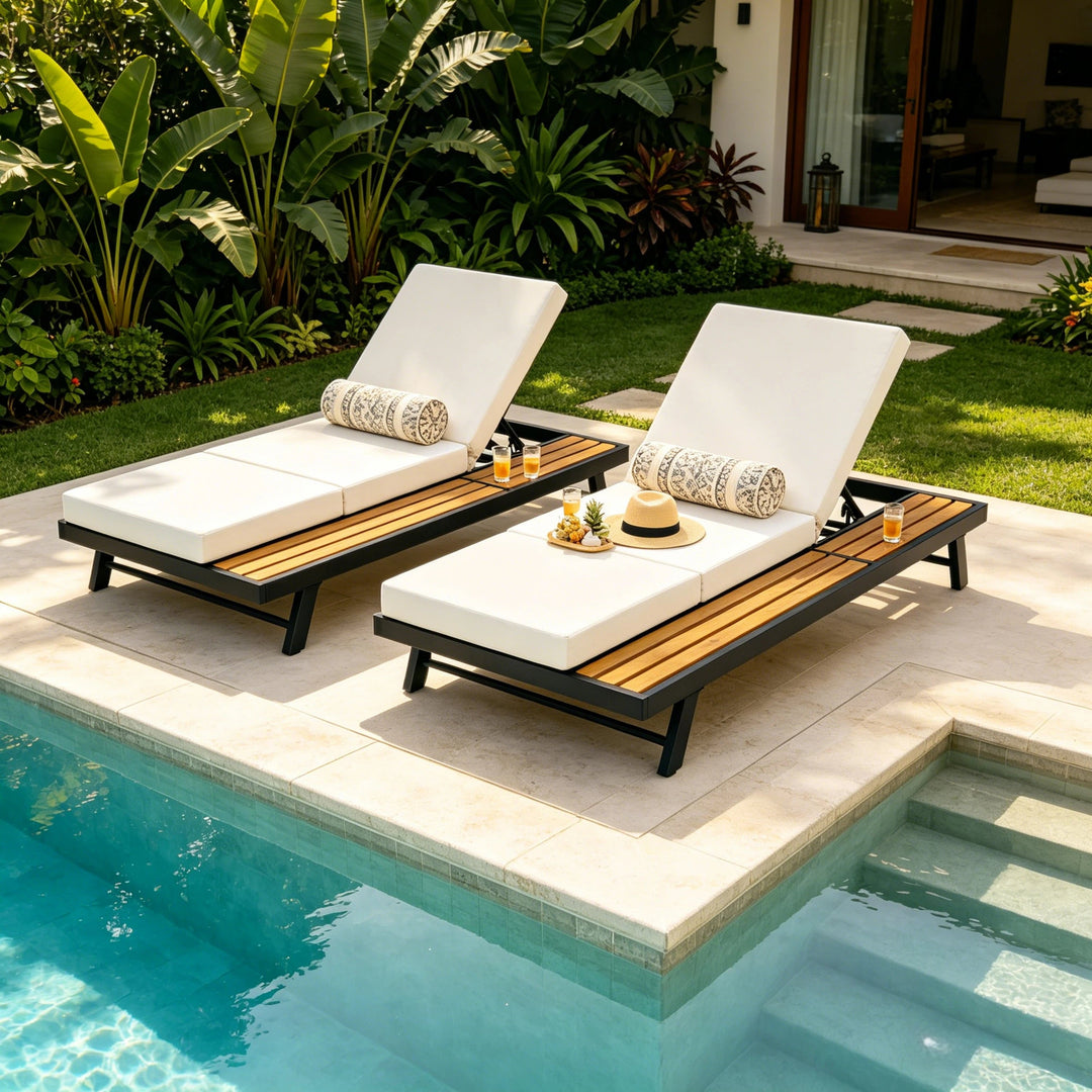 Black Iron + Teak Finish Chaise Lounge Set