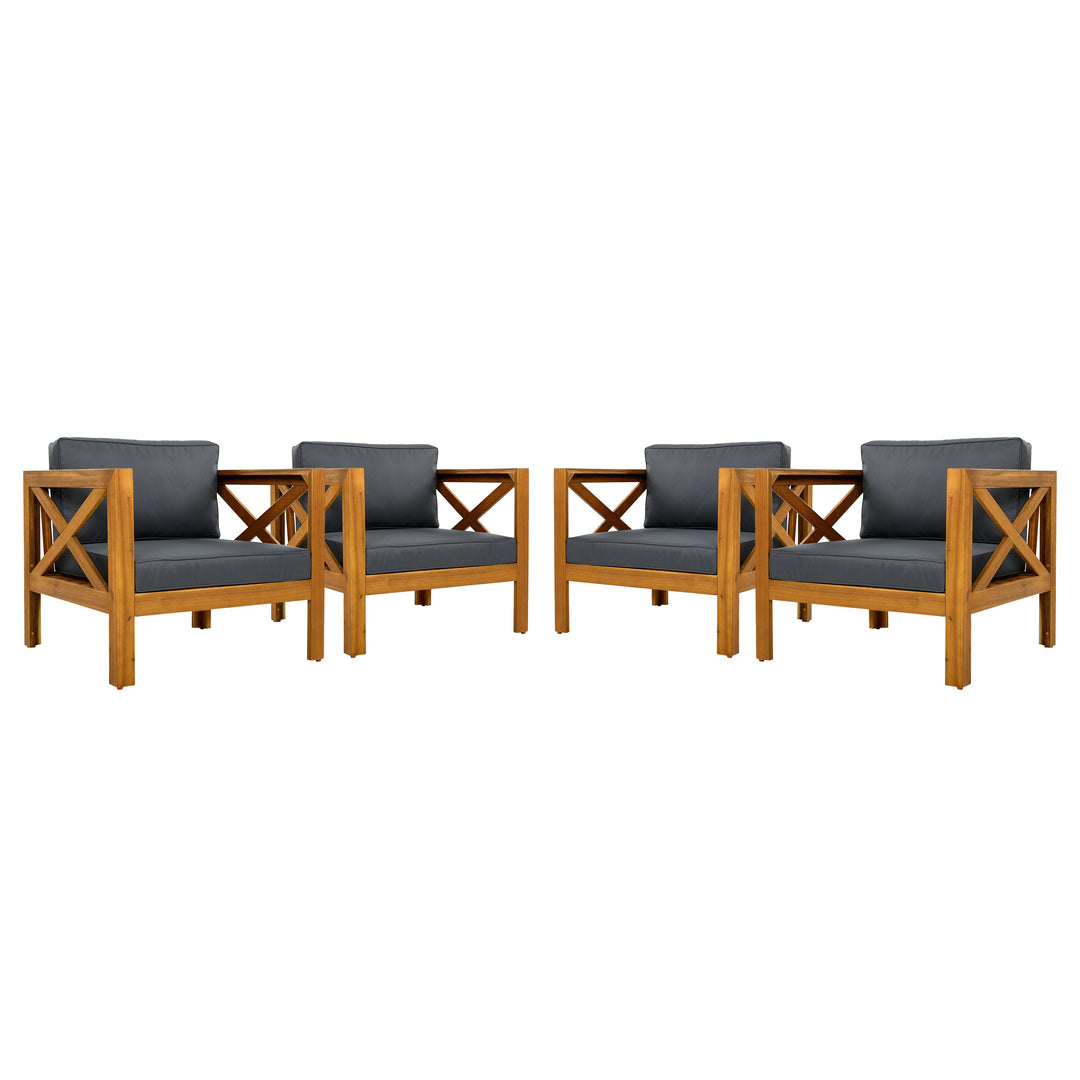 Outdoor Acacia Wood Club Wooden Armchair with Cushions (Set of 4)