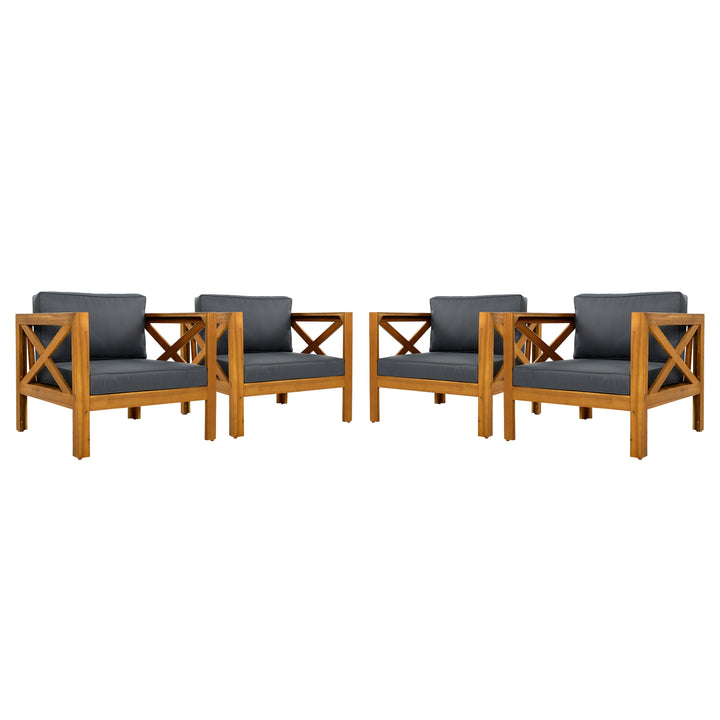 Outdoor Acacia Wood Club Wooden Armchair with Cushions (Set of 4)