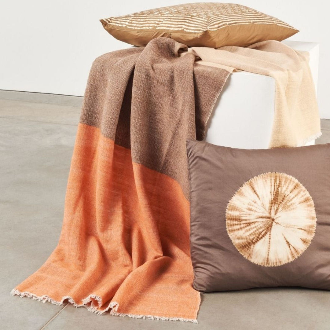 Chestnut Orange Cream Color Block Handwoven Merino Throw