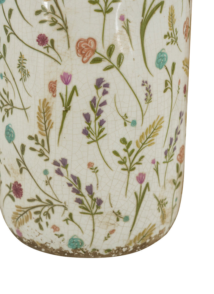 D5.3x10.6" Ceramic Cylinder Vase with Multi-Colored Floral Motifs
