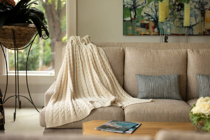 Muru Collection - Pima Cotton &amp; Undyed Baby Alpaca Ivory Cable Throw